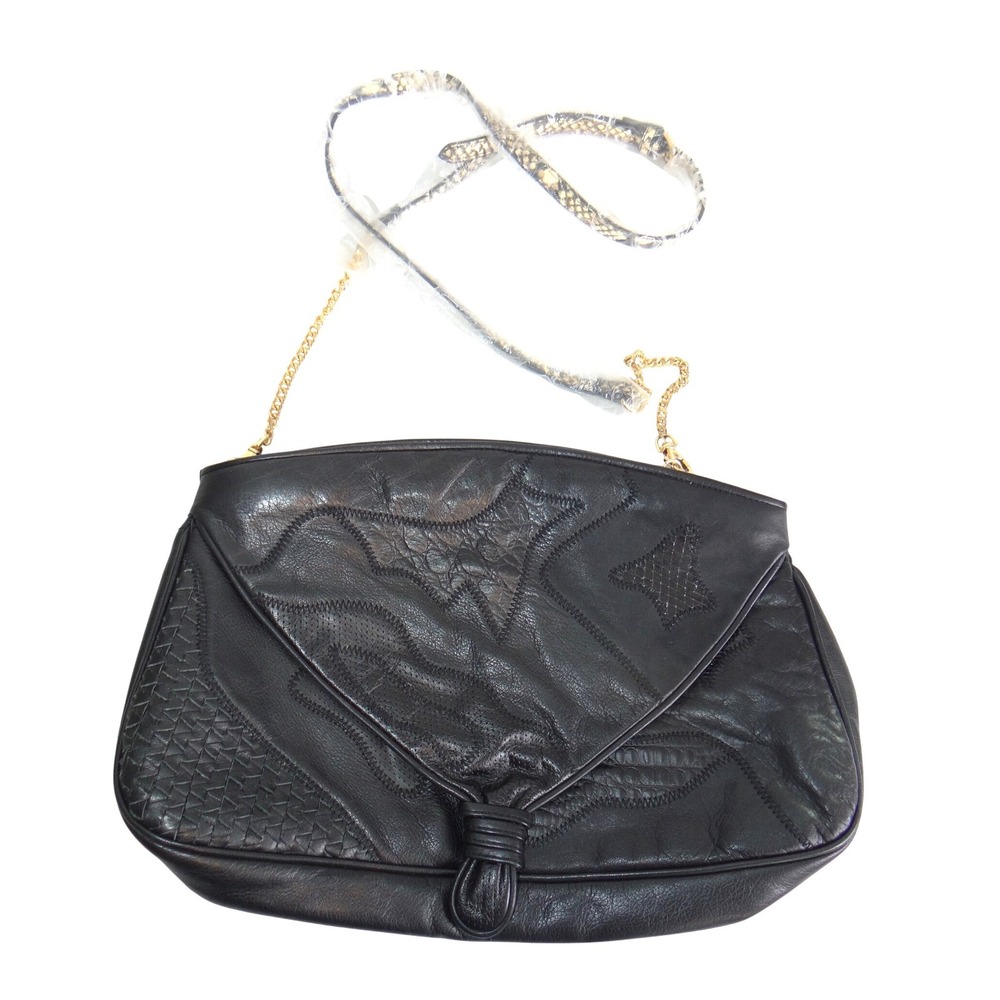 Vintage Black Leather Patchwork Shoulder Bag Gold Chain Snakeskin Strap